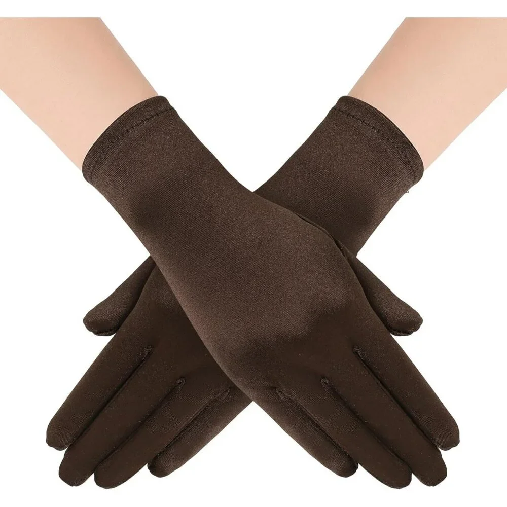 Women's Short Brown Satin Silk Gloves Banquet Wedding Party Costume Accessories